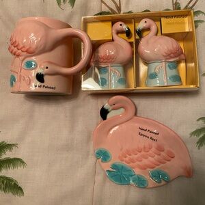 Hand Painted Flamingo Mug and Spoon Rest Set - Pink and Blue